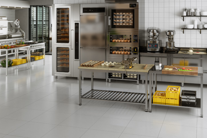 restaurant kitchen for a blog post about flooring in a restaurant's back of house